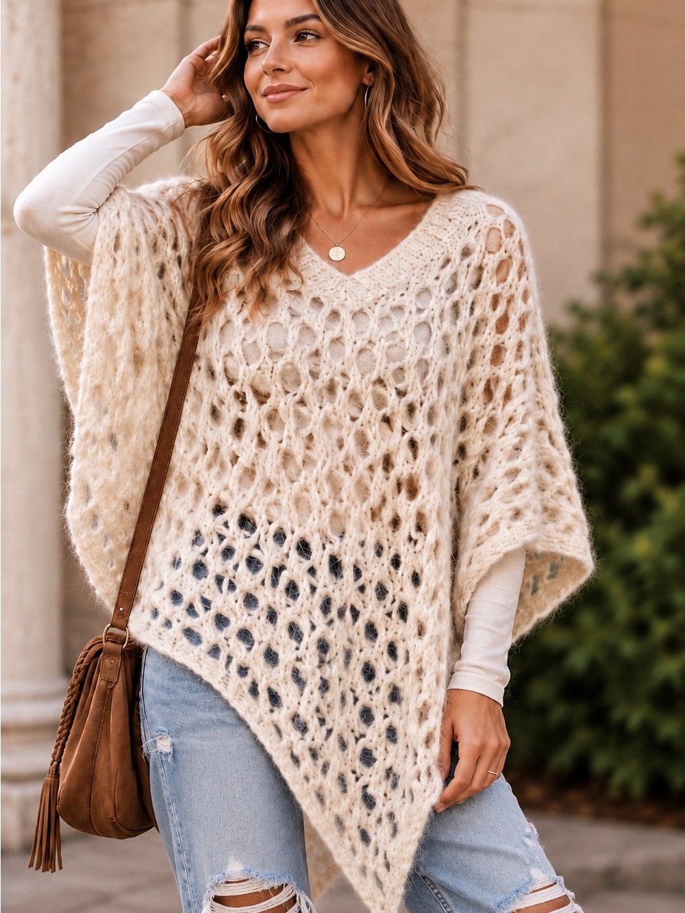 Cerretelli Firenze Mohair Poncho Sweater One Size Italy Open Knit Boho Ivory